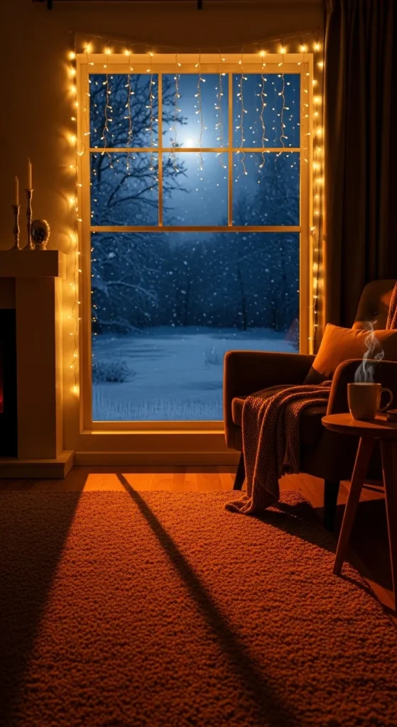 Fairy lights hanging on a window creating warm indoor glow during Christmas.