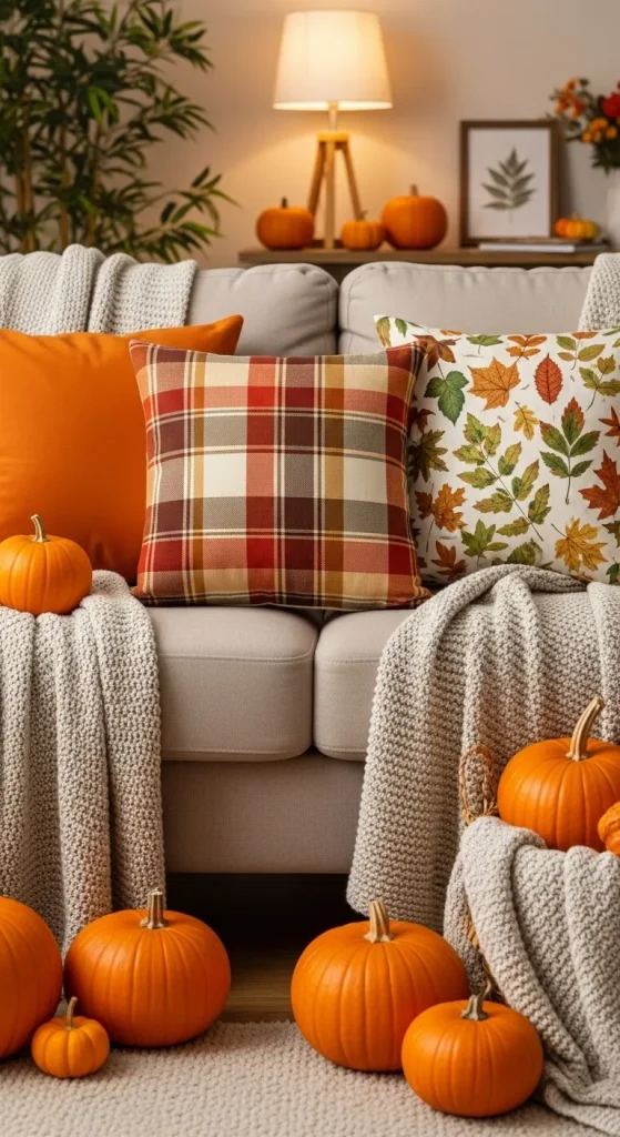 Cozy living room with plaid and orange throw pillows adding a warm Thanksgiving touch to home décor.