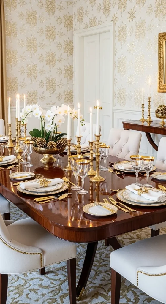 Elegant gold and white Christmas wallpaper with soft star and snowflake patterns that shimmer beautifully under warm light