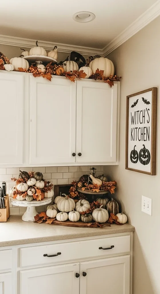 Rustic farmhouse kitchen with Halloween pumpkins and cozy decor