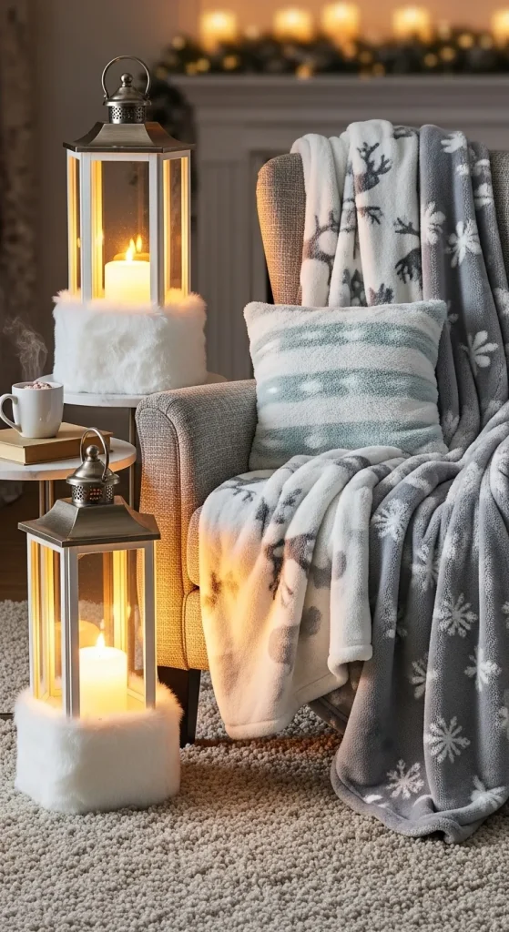 Christmas lanterns wrapped in faux fur bases glowing beside cozy winter décor