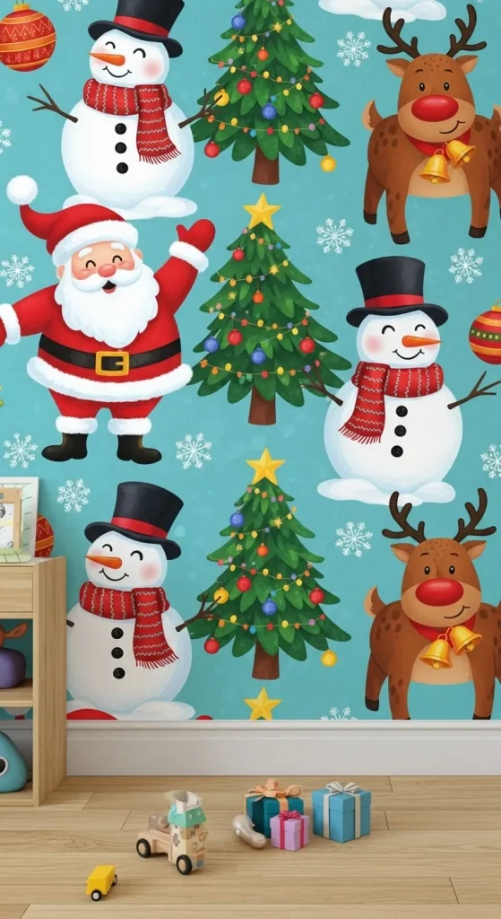 Festive Christmas wallpaper showing Santa, snowmen, reindeer, and Christmas trees for a fun and kid-friendly holiday design.