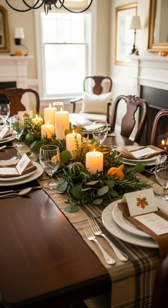 Thanksgiving dining table with a burlap runner, candles, and greenery for an elegant and cozy holiday table setting.