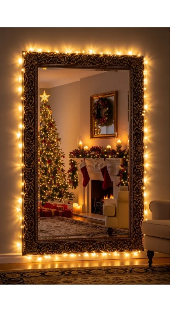 Mirror framed with fairy lights reflecting Christmas decorations.