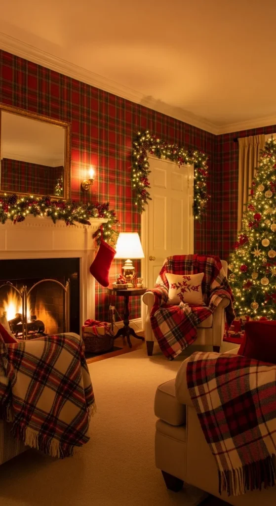Cozy plaid Christmas wallpaper in red and green tones, creating a warm, inviting, and classic holiday home feel.