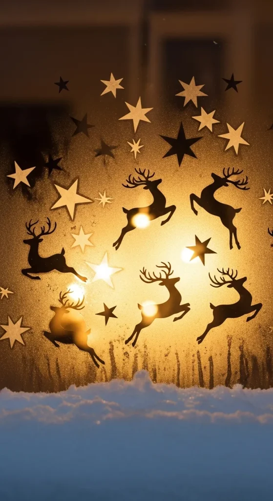 Christmas window silhouettes glowing with stars and reindeer festive décor.