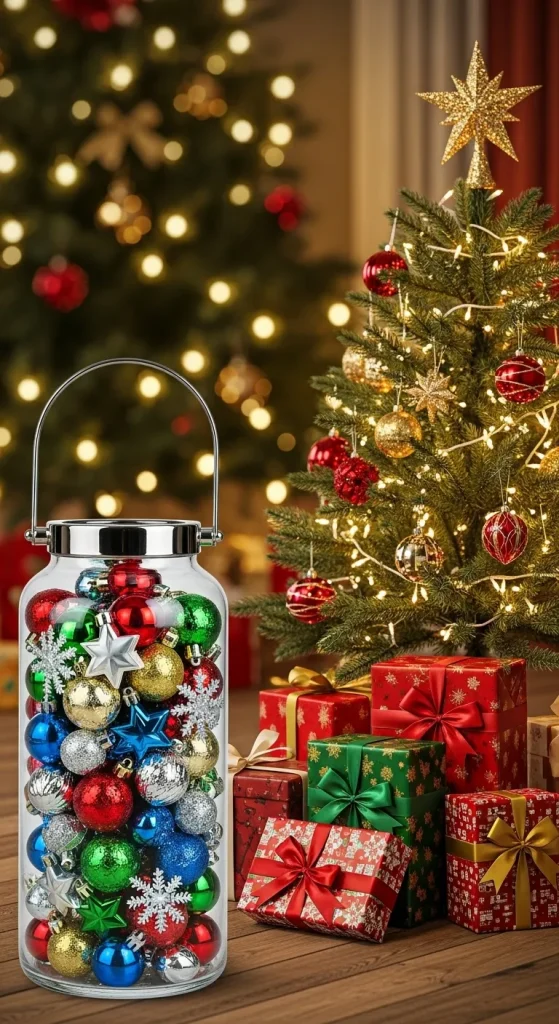 Glass lantern filled with colorful Christmas ornaments shining by a tree.