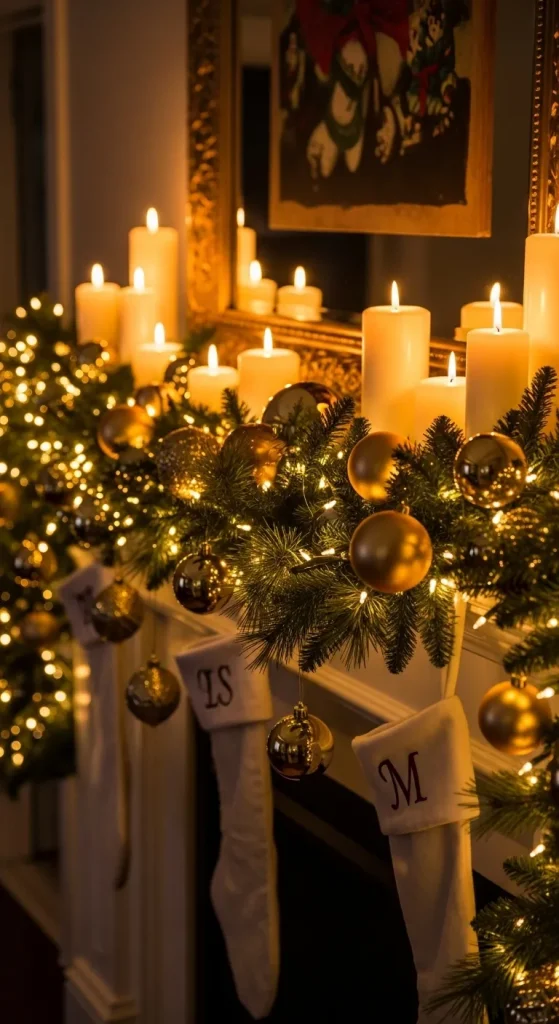 Fireplace mantel with glowing lights and festive garland creating Christmas warmth.