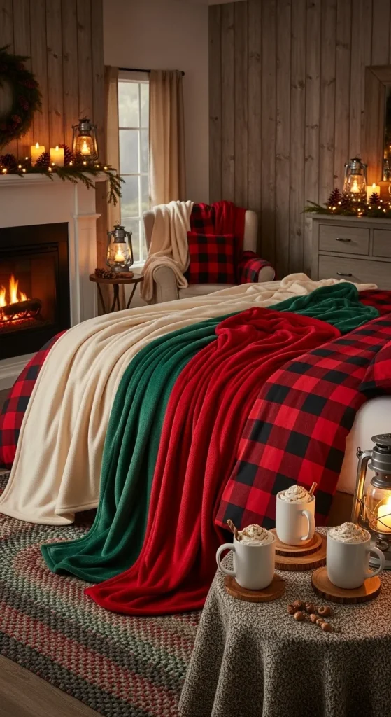 Rustic holiday bedroom with red flannel plaid bedding, fleece throw blankets, fireplace or lantern lighting, and mugs of cocoa.”