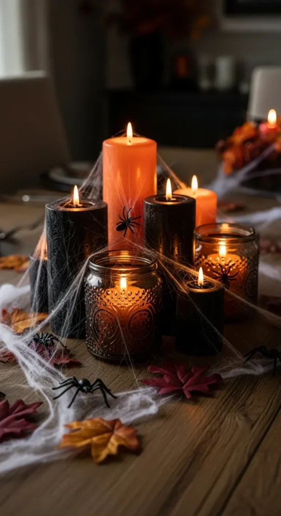 Halloween candle centerpiece with flickering lights and cobwebs.”