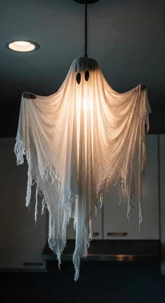 Cheesecloth ghosts hanging from kitchen pendant lights for eerie DIY Halloween decor.