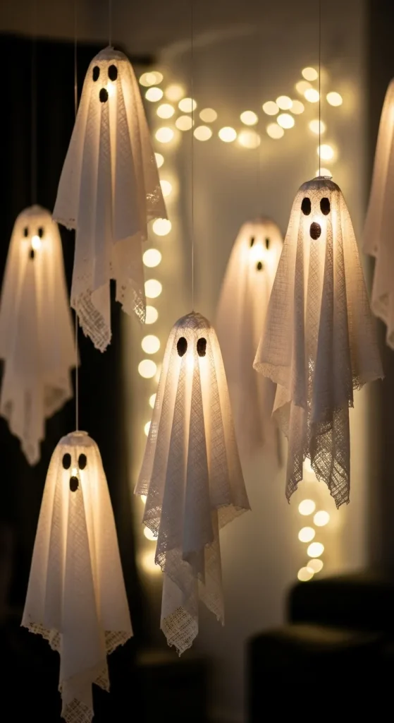 Floating cheesecloth ghost decorations for Halloween party.”