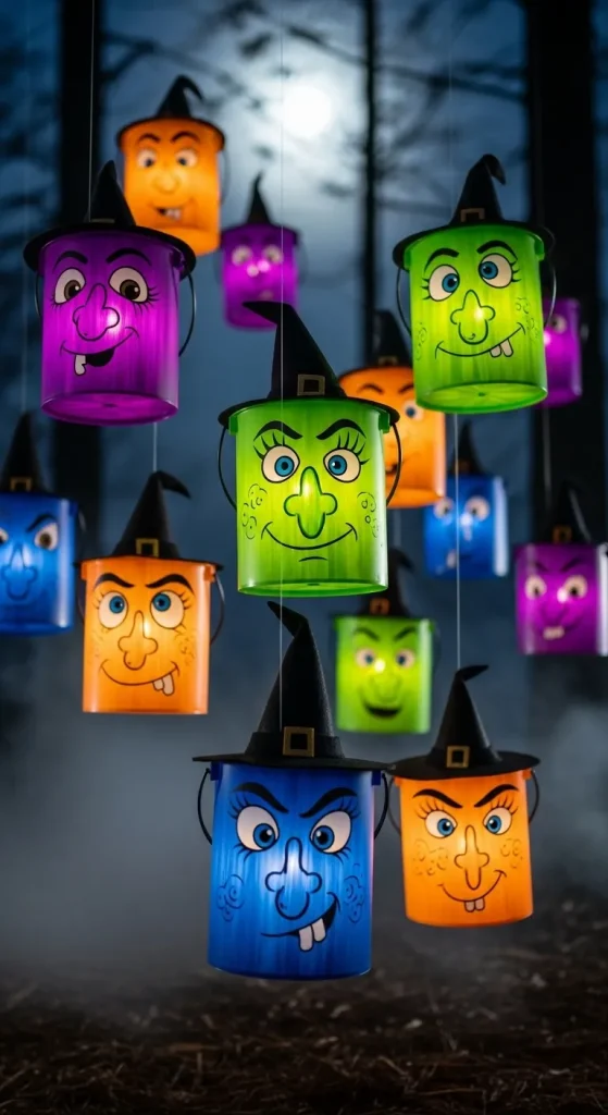 DIY floating witch buckets hanging from wires as creative Halloween outdoor decorations.