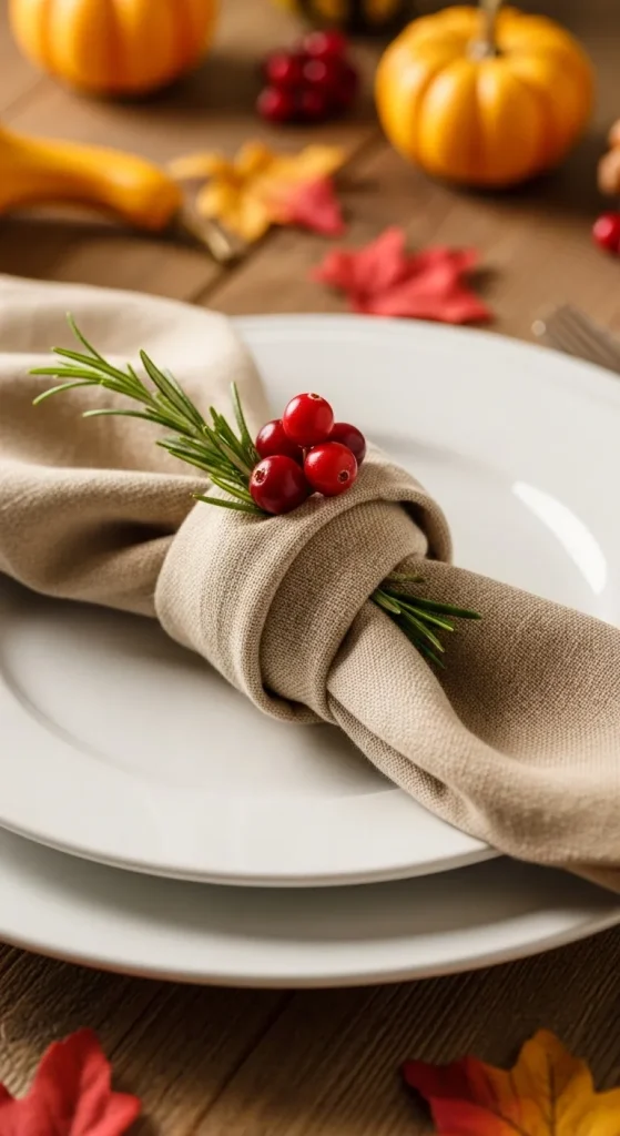 Thanksgiving table with beautifully folded linen napkins adding elegant finishing touches.