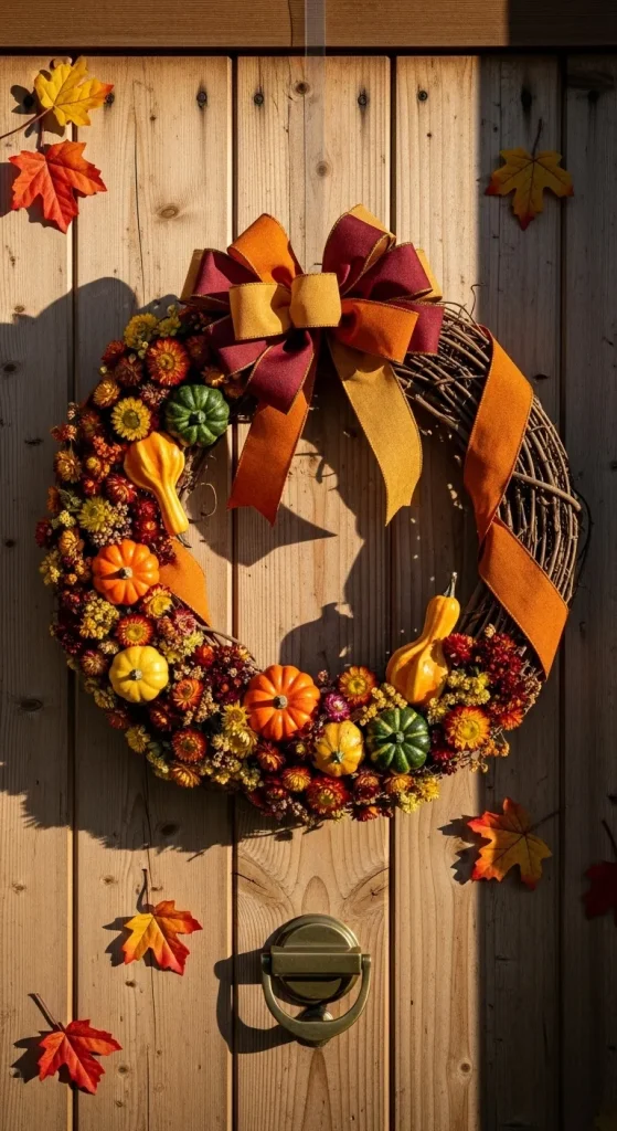 DIY grapevine wreath decorated with ribbons, dried flowers, and small pumpkins hanging on a front door for Thanksgiving.