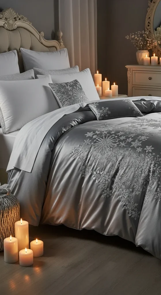 Silver Christmas bedding with snowflake design and white accents in a serene bedroom