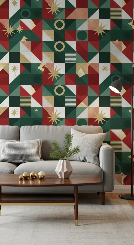 Geometric Christmas wallpaper with triangles and circles in festive colors, giving a trendy and modern holiday style
