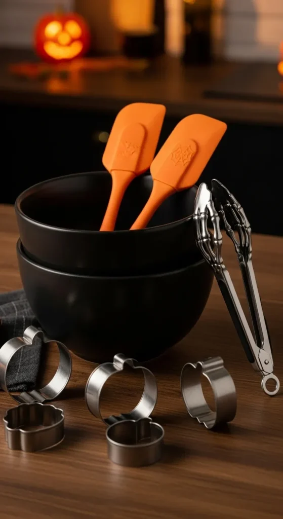 Halloween kitchenware including orange spatulas, cauldron bowls, and skeleton-hand tongs on a counter.