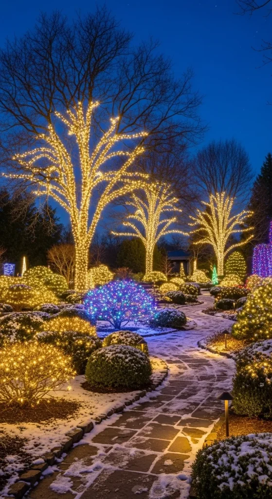 Garden decorated with outdoor Christmas lights glowing under night sky.