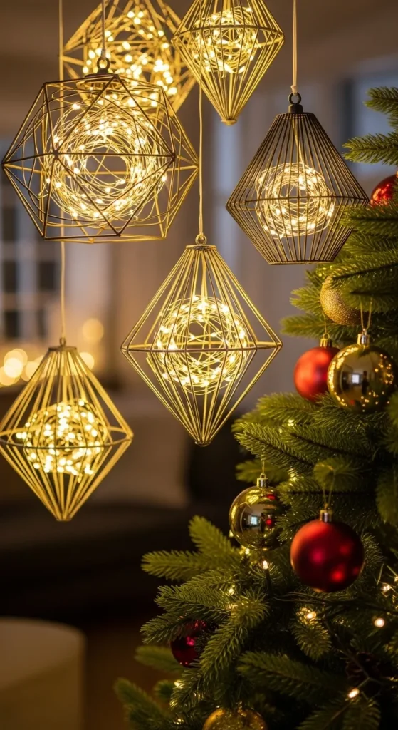 Geometric wire Christmas lanterns in modern shapes glowing with fairy lights
