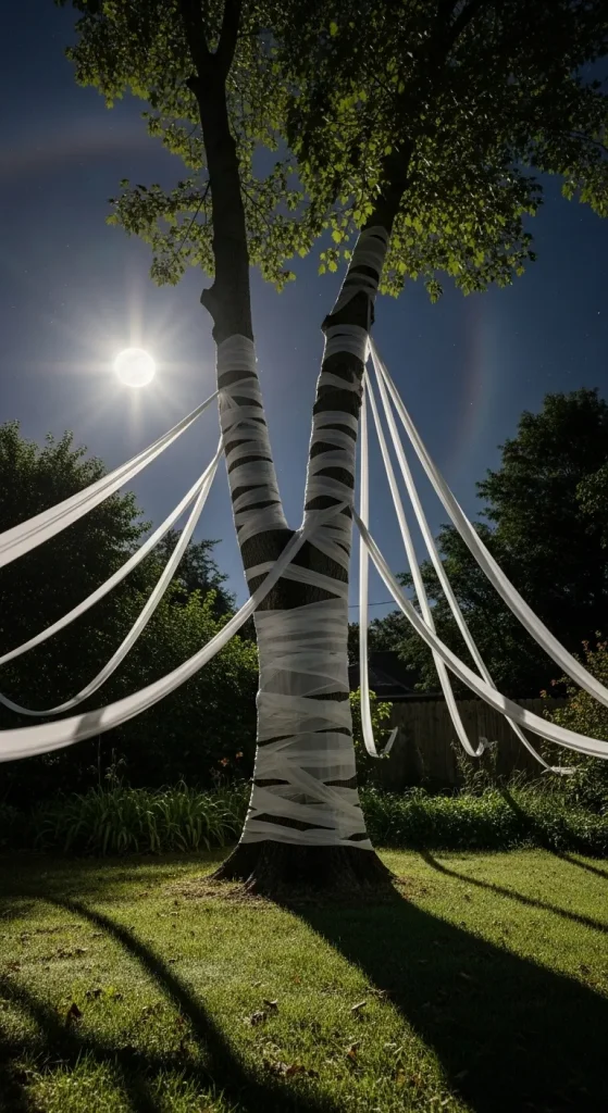 Tree wrapped in white cheesecloth resembling a ghost for outdoor Halloween decoration.