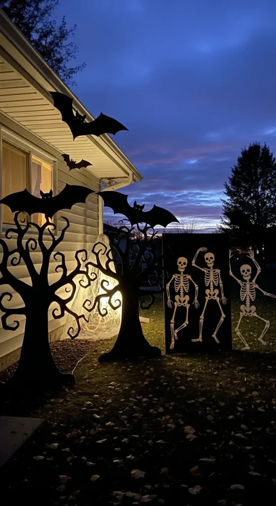 DIY black cardboard silhouettes of bats and trees used as large outdoor Halloween decorations.