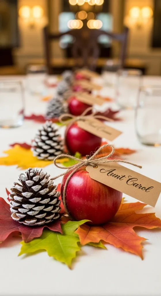 “Thanksgiving place setting with gold pinecone name card holder and pear with name tag
