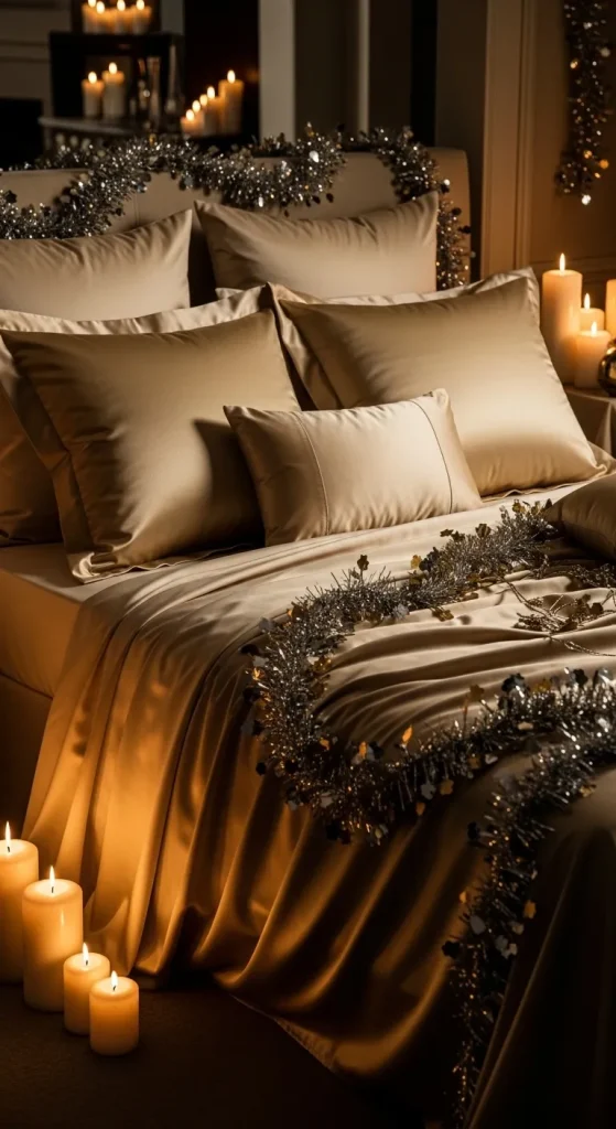 “Luxurious gold and cream Christmas bedding set for couples in elegant decor.”