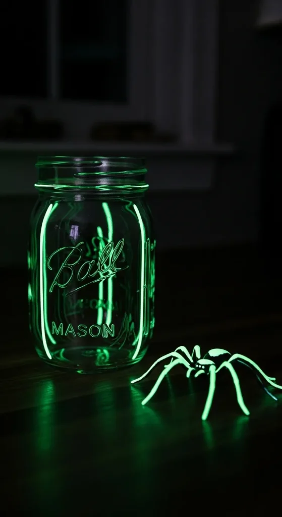 DIY glow-in-the-dark Halloween decorations on mason jars, spiders, and bones in a dim kitchen.