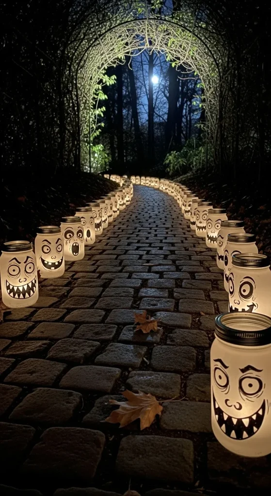 DIY glowing mason jar lights creating a spooky Halloween pathway outdoors.