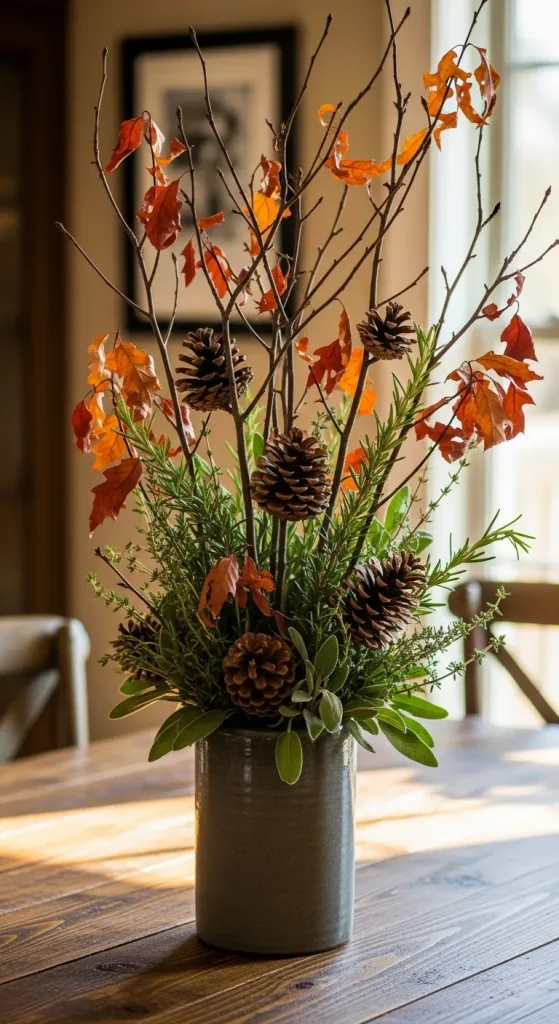 “Thanksgiving centerpiece made from foraged branches and leaves for a natural elegant look.