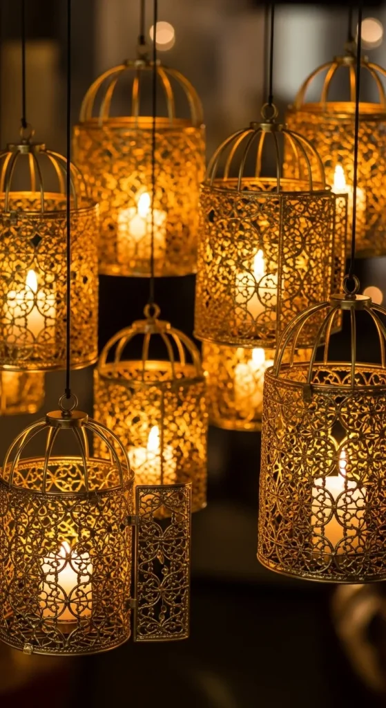 Gold wire cage Christmas lanterns hanging with visible glowing candles.