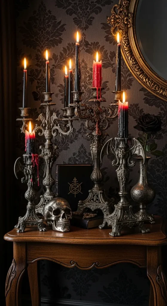 Gothic-style candle holders with red and black candles for Halloween decor.