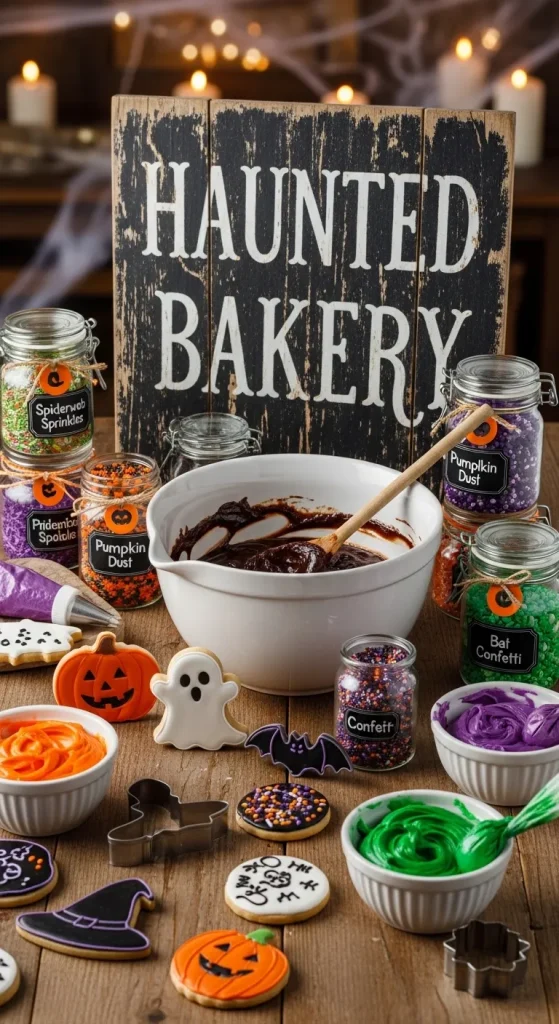 Halloween baking corner with themed bowls, cookie cutters, and decorative jars labeled for spooky baking.