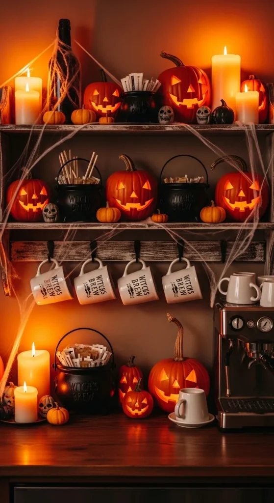Halloween coffee bar setup with spooky mugs, cauldrons, pumpkins, and candles on a rustic shelf.