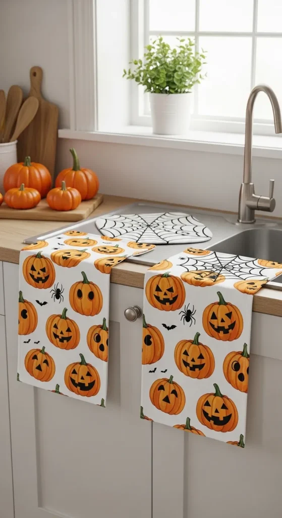Halloween dish towels and mats featuring pumpkin and spiderweb patterns in a cozy kitchen.