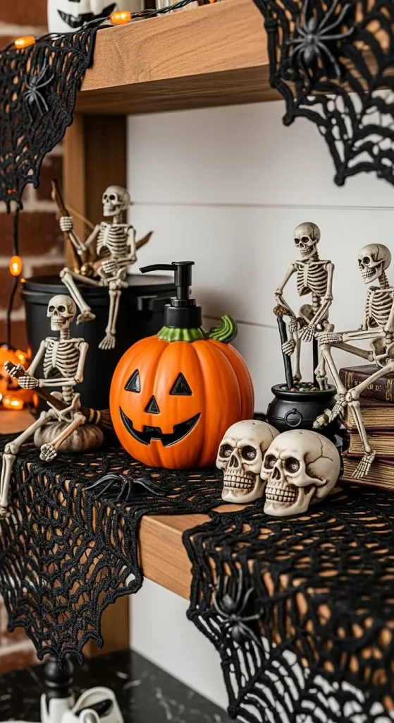 Halloween kitchen accessories including pumpkin soap dispenser and skull-themed items on a counter.