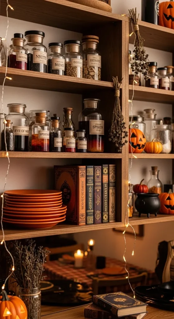 Halloween kitchen shelf decor with potion jars, orange dishes, lights, and vintage Halloween accents.