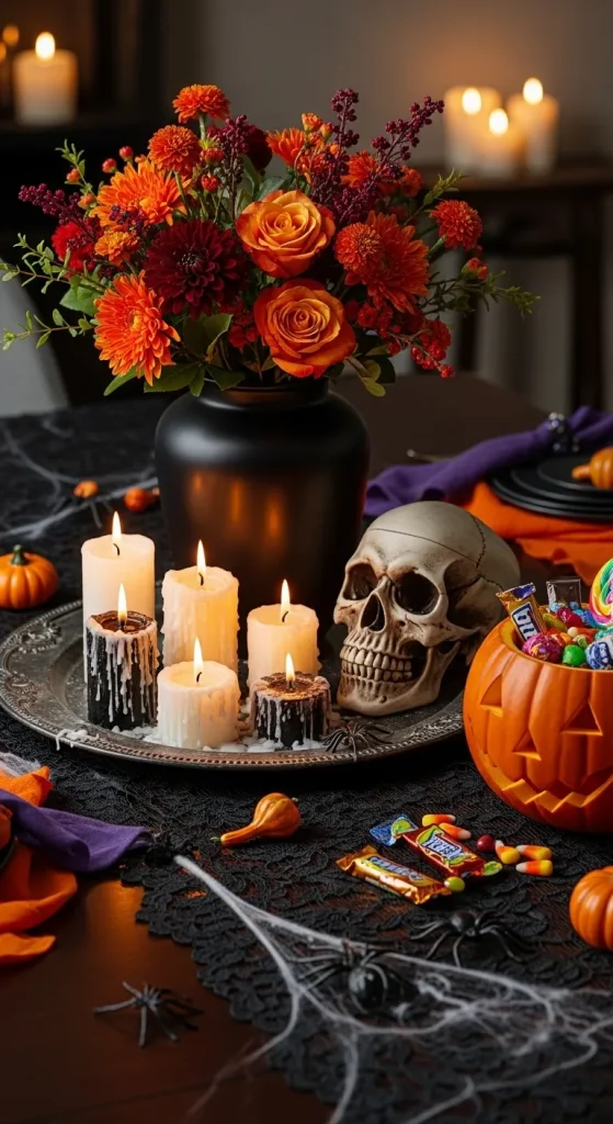 Halloween kitchen table decorated with candles, flowers, and pumpkins for a festive dinner look.