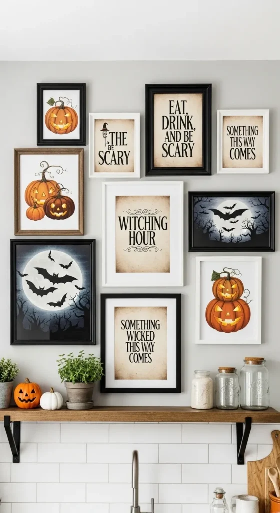 Halloween wall art with vintage posters and spooky quotes hanging in a cozy kitchen.