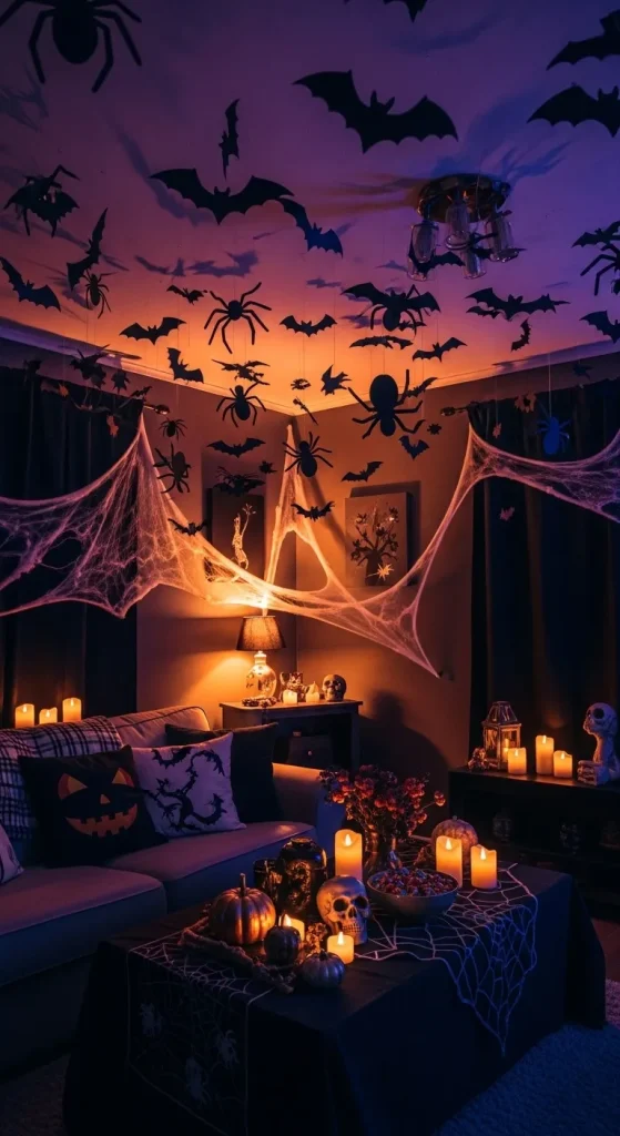 Hanging paper bats and spiders for Halloween ceiling decor.
