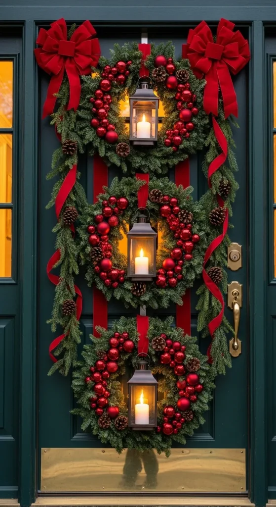 Hanging lantern wreaths glowing on a Christmas front door with red ribbons.”