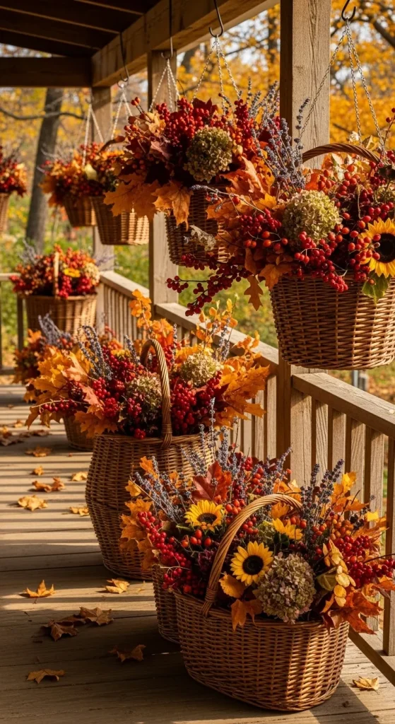 Woven baskets filled with dried leaves, berries, and flowers hanging from a porch ceiling for festive Thanksgiving décor.