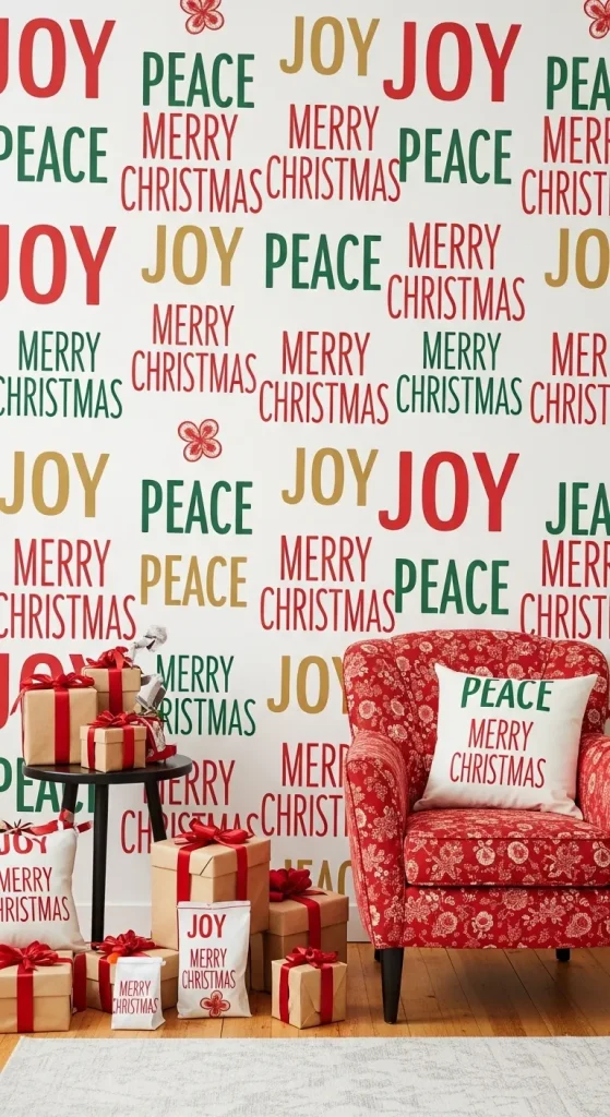 Playful Christmas wallpaper featuring festive words like Joy, Peace, and Merry Christmas in bright, cheerful colors