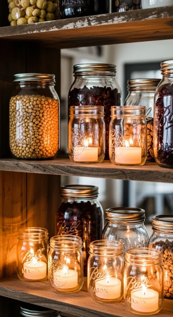 Mason jars filled with popcorn kernels, cranberries, and candles used as rustic Thanksgiving decorations.