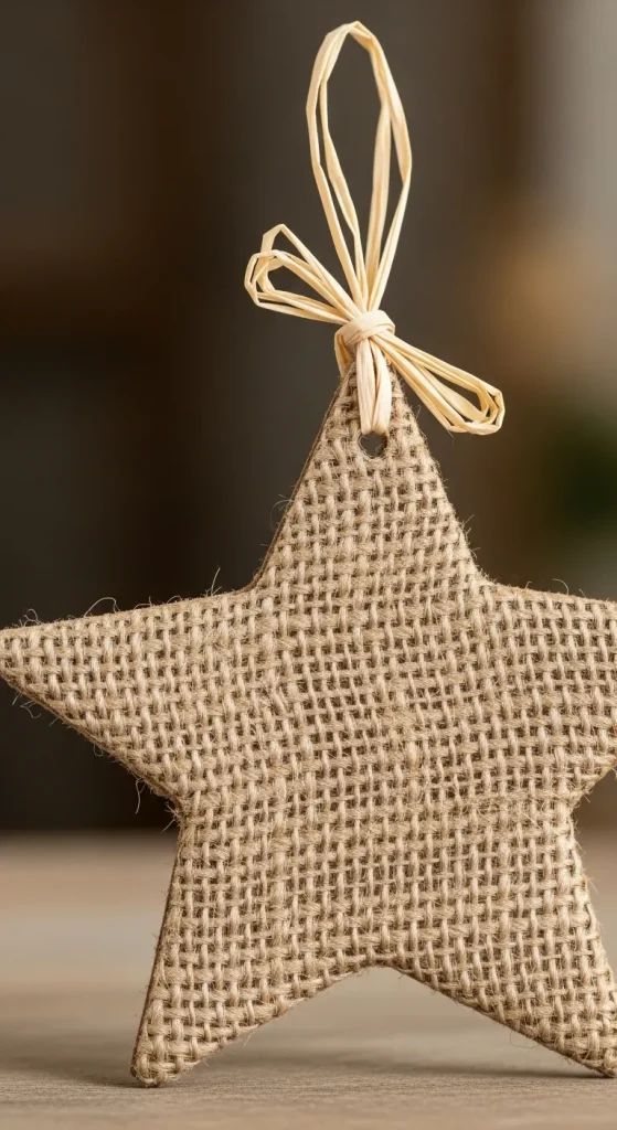 Rustic DIY hessian texture star ornament, a simple christmas tree decorations diy project with a natural, rustic feel.