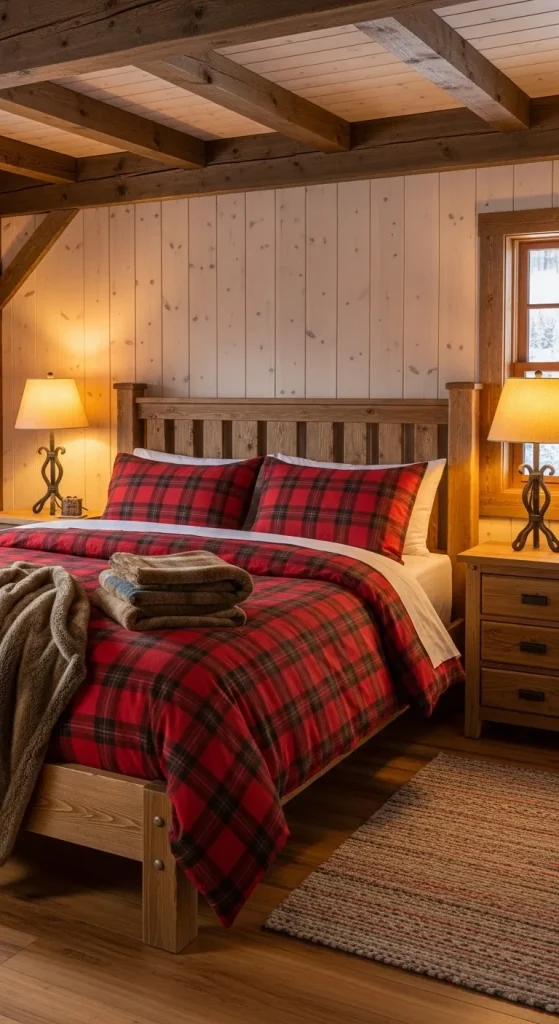 “Rustic plaid Christmas bedding for couples in cozy mountain cabin decor.”
