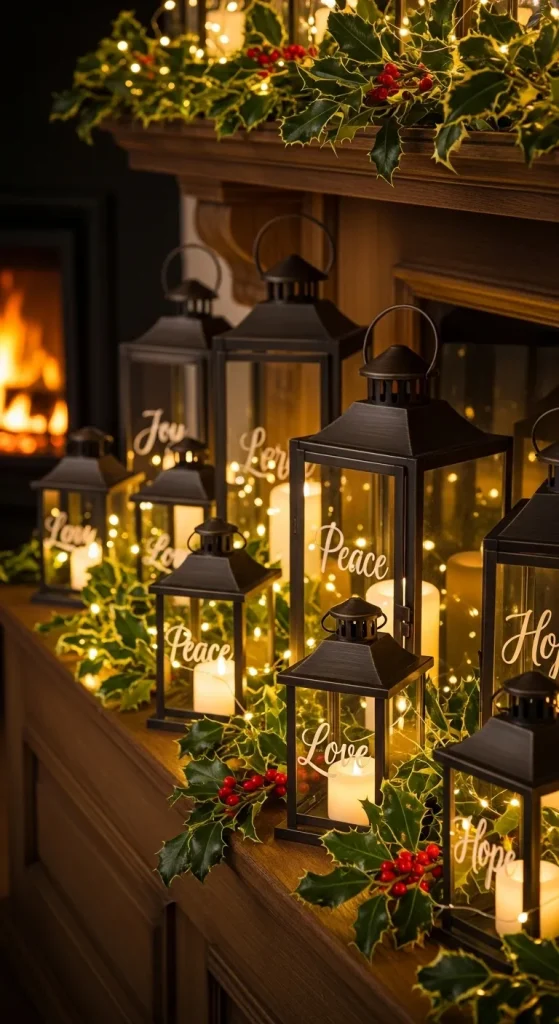 Holiday lanterns with festive quotes like Joy and Peace surrounded by lights