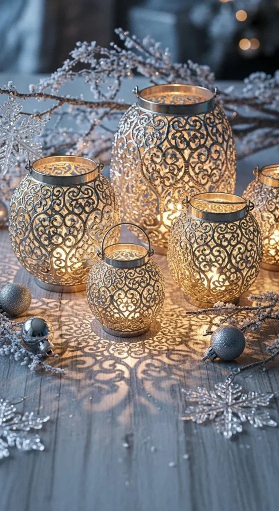 “Silver filigree Christmas lanterns casting frosty lace shadows in winter décor
