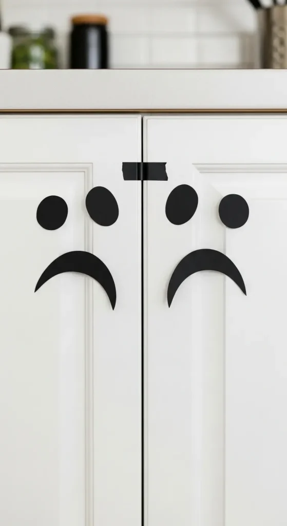 Kitchen cabinet doors decorated with ghostly eyes and mouths made from black paper cutouts.